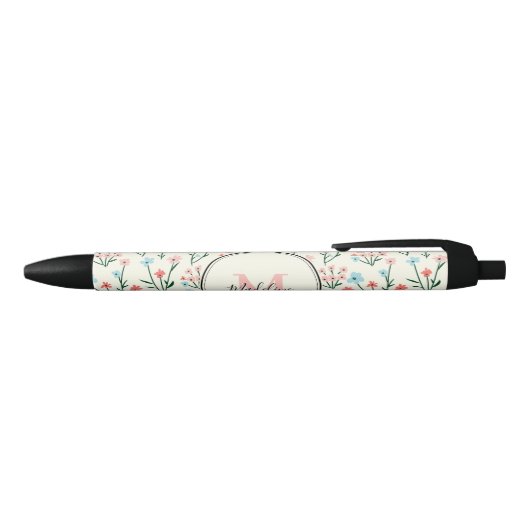 Stylo Noir Fille rose bleu Fleurs Motif Élégant Monogramme (Haut)