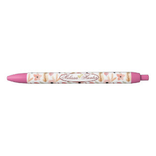 Stylo Noir Fille rose florale Aquarelle Motif Nom Script
