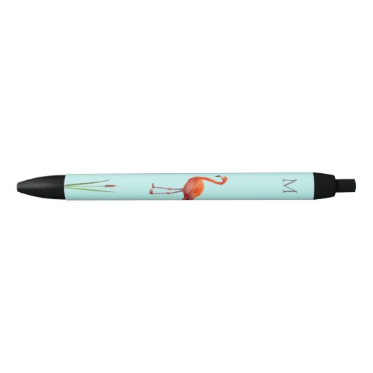 Stylo Noir Flamant rose rose et monogramme sur bleu clair (Devant)