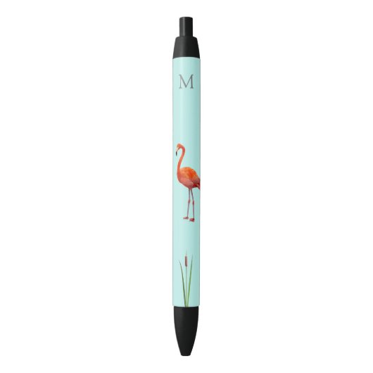 Stylo Noir Flamant rose rose et monogramme sur bleu clair (devant Vertical)