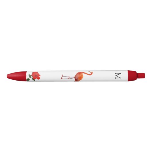 Stylo Noir Flamant rose rose, Fleur d'Hibiscus rouge et monog (Devant)