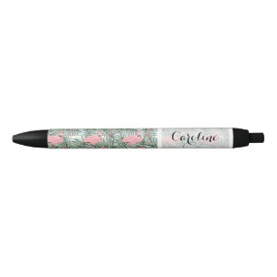 Stylo Noir Flamants roses mignons personnalisés motif feuille
