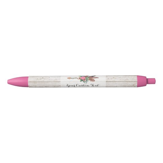 Stylo Noir Flèche en plumes de Bohême & Rose sur bois blanc r (Devant)