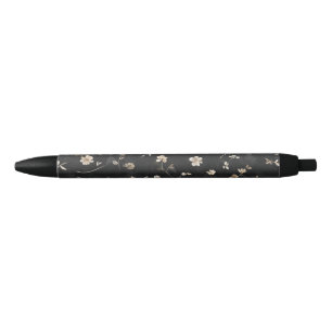 Stylo Noir Fleur blanche élégante sur noir