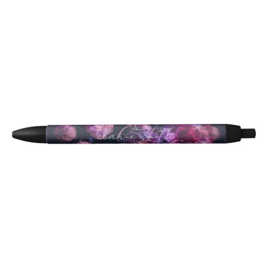 Stylo Noir fleur chic rose et violet avec monogramme de scrip (Devant)