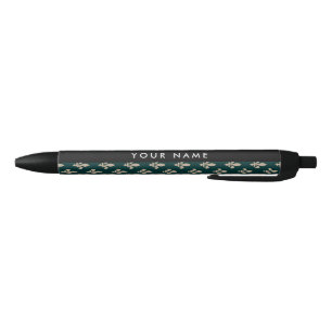 Stylo Noir Fleur de Lis, Beige sur Vert, Royal, Votre Nom