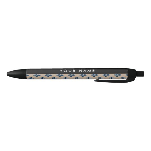 Stylo Noir Fleur de Lis, Navy Blue on Beige, Royal, Your Name (Bas)