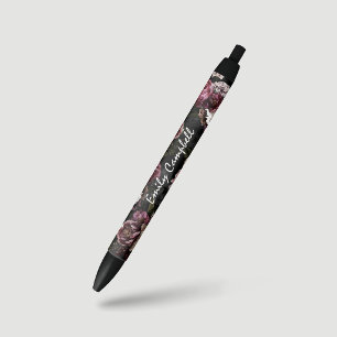 Stylo Noir Fleur de rose blanche sophistiquée et lunatique