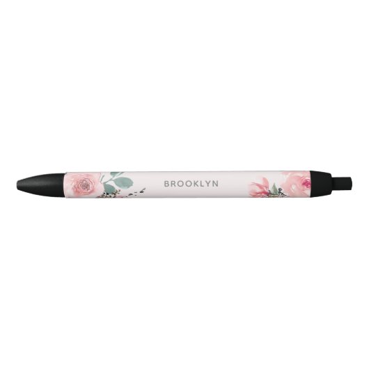 Stylo Noir Fleurs Aquarelle Rose Pâle (Devant)