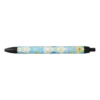 Stylo Noir Fleurs aquarelles bleues et jaunes