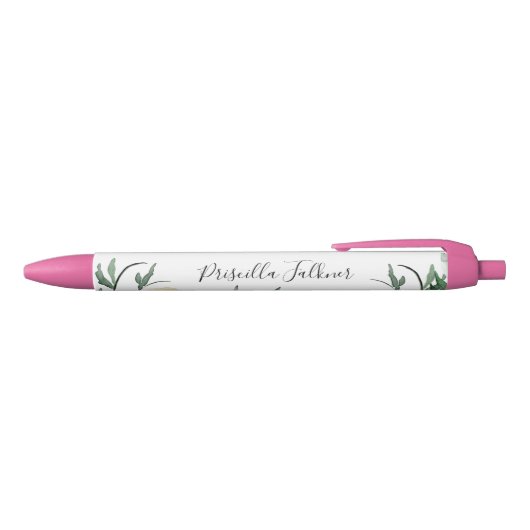 Stylo Noir Fleurs aquarelles pêche avec nom monogramme (Haut)