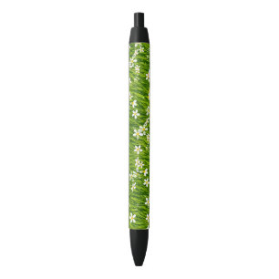Stylo Noir Fleurs blanches et feuilles de plante
