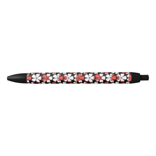 Stylo Noir Fleurs blanches rouges mignons motif (Devant)