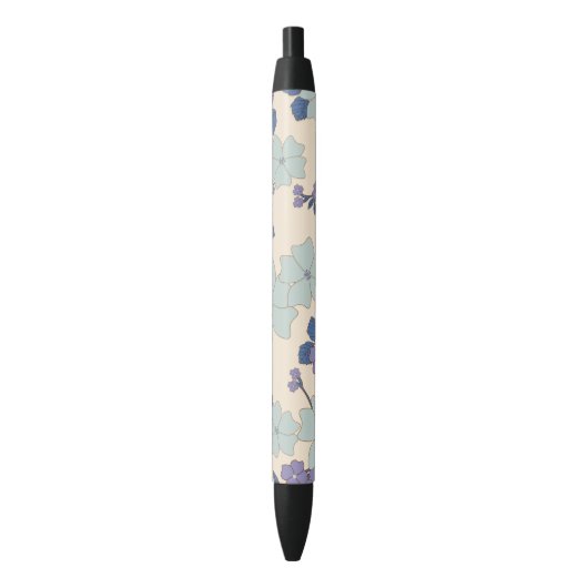 Stylo Noir Fleurs Bleues, Fleurs Violettes, Motif Floral (devant Vertical)