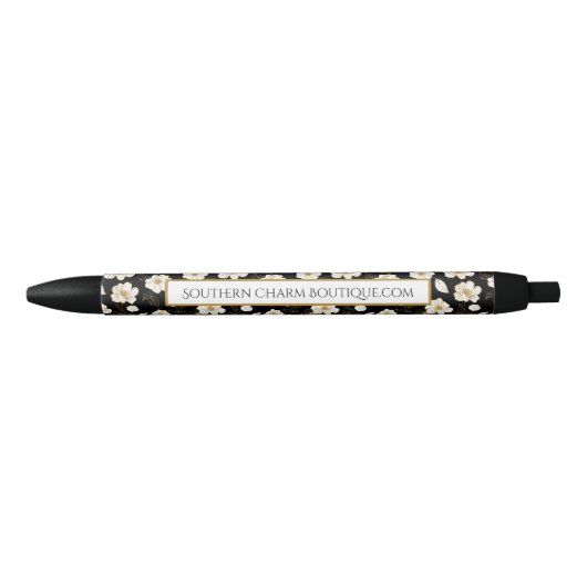 Stylo Noir Fleurs chic en or blanc (Devant)