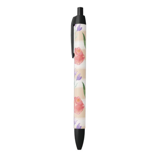 Stylo Noir Fleurs crèmes d'aquarelle de rayures de pêche (Haut (Vertical))