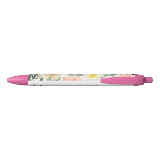 Stylo Noir Fleurs d'aquarelle de pêche avec nom de monogramme (Dos)