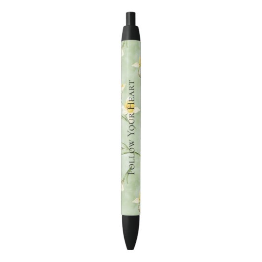Stylo Noir Fleurs de jonquille jaune vert menthe (devant Vertical)