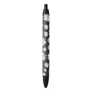 Stylo Noir Fleurs de marguerite blanche élégantes Botanique