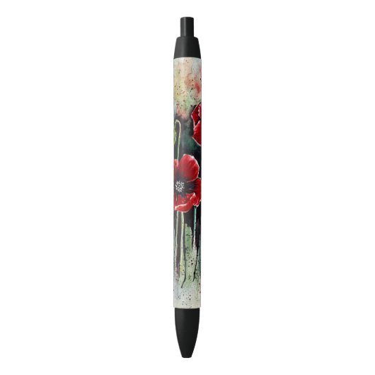 Stylo Noir Fleurs De Pavot En Aquarelle (devant Vertical)