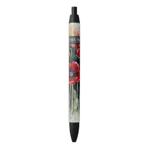 Stylo Noir Fleurs De Pavot En Aquarelle