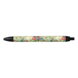 Stylo Noir Fleurs de perroquets tropicaux de la Jungle d'été