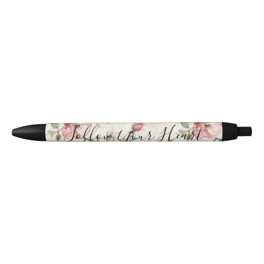 Stylo Noir Fleurs de roses roses (Devant)