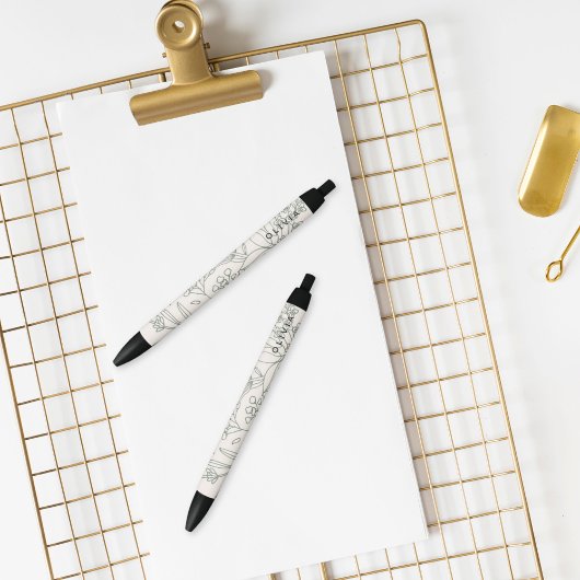 Stylo Noir Fleurs d'herbes vert sauge moderne motif boho