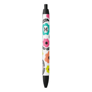Stylo Noir Fleurs lumineuses modernes et monogramme à feuille