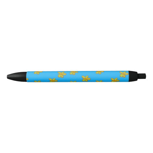 Stylo Noir fleurs peintes en bleu (Devant)