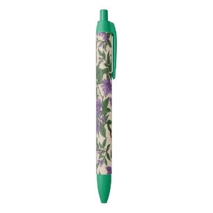 Stylo Noir Fleurs pourpres et papillons