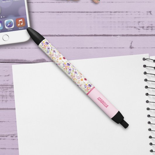 Stylo Noir Fleurs printanières sauvages multicolores tendance