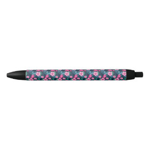 Stylo Noir Fleurs roses avec Feuilles verts Partern-79066