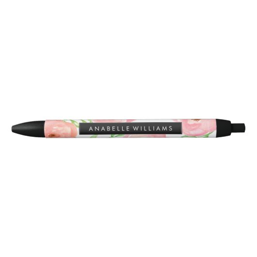 Stylo Noir Fleurs roses d'aquarelle (Devant)