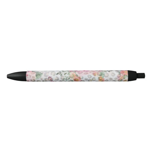 Stylo Noir Fleurs roses Empreintes de léopard noires en argen (Devant)