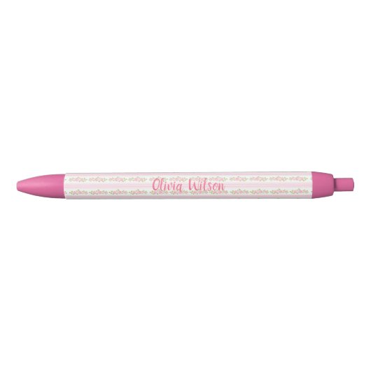 Stylo Noir Fleurs roses pastel et monogramme coquette rayures (Devant)