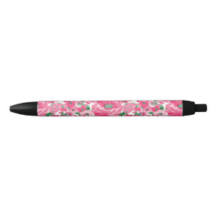 Stylo Noir Fleurs roses peintes à la main mignonne Design bl
