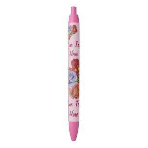 Stylo Noir fleurs roses rouges et bourgeons roses fleuristes