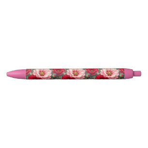 Stylo Noir Fleurs roses, rouges et mauves