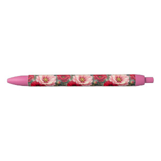 Stylo Noir Fleurs roses, rouges et mauves 