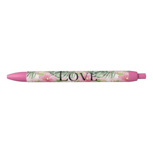 Stylo Noir Fleurs roses tropicales (Devant)
