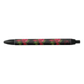 Stylo Noir Fleurs rouges avec l'initiale (Devant)