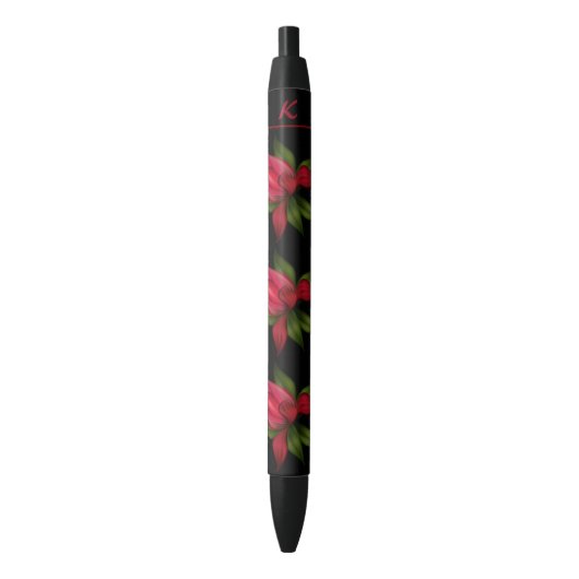 Stylo Noir Fleurs rouges avec l'initiale (devant Vertical)