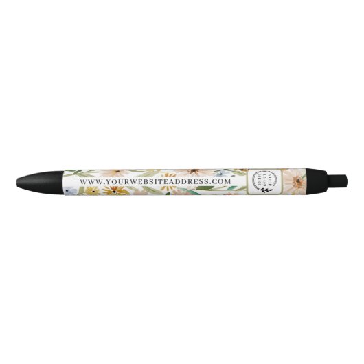 Stylo Noir Fleurs sauvages aquarelle rustique Ajouter un logo (Devant)
