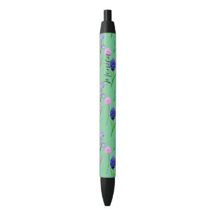Stylo Noir Fleurs sauvages délicats en aquarelles à la menthe