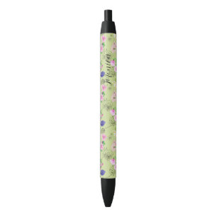 Stylo Noir Fleurs sauvages délicats en aquarelles vertes