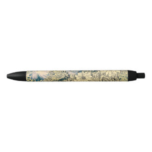 Stylo Noir Fleurs vintages illustrées