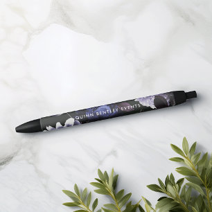 Stylo Noir Fleurs Violettes Foncées Élégantes Personnalisées