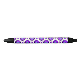 Stylo Noir Fleurs violettes vibrantes et motifs de feuilles