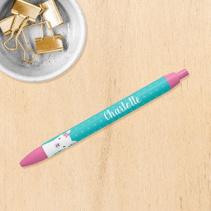 Stylo Noir Floral Llama Alpaca Turquoise Personnalisé